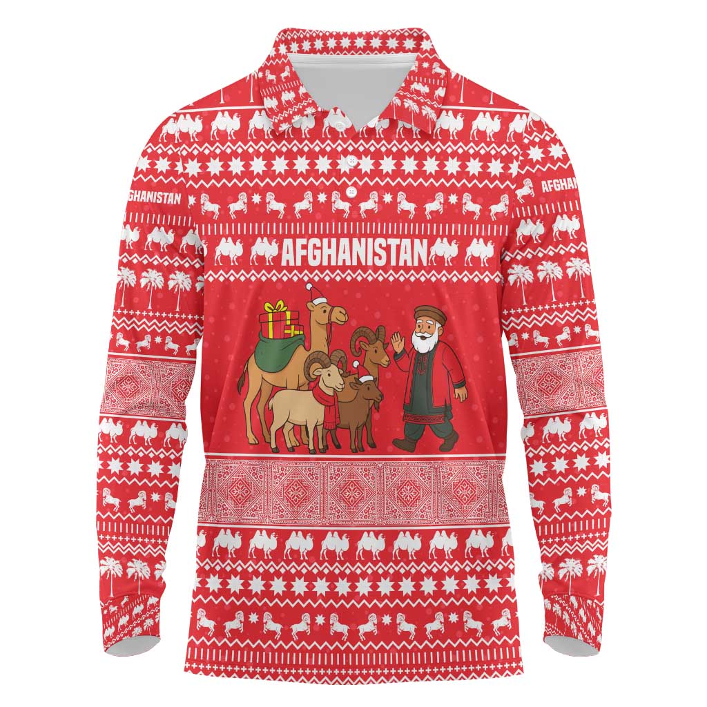 Afghanistan Christmas Long Sleeve Polo Shirt with Santa Camels Sheep Traditional Pattern and Festive Design - Wonder Print Shop