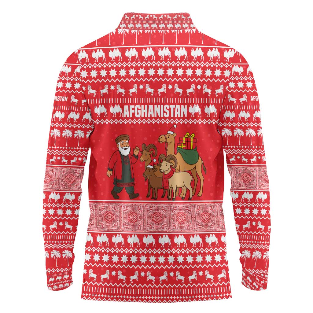 Afghanistan Christmas Long Sleeve Polo Shirt with Santa Camels Sheep Traditional Pattern and Festive Design - Wonder Print Shop