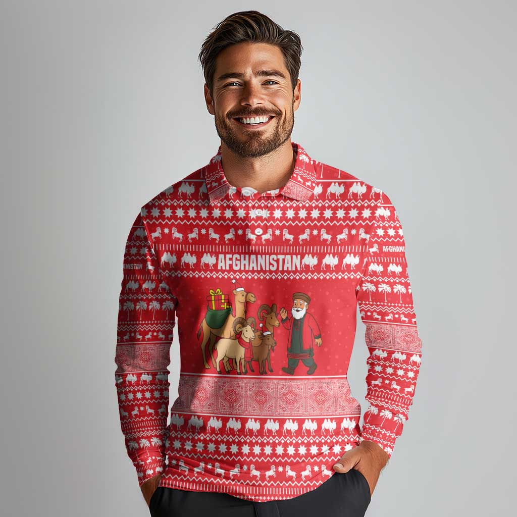 Afghanistan Christmas Long Sleeve Polo Shirt with Santa Camels Sheep Traditional Pattern and Festive Design - Wonder Print Shop