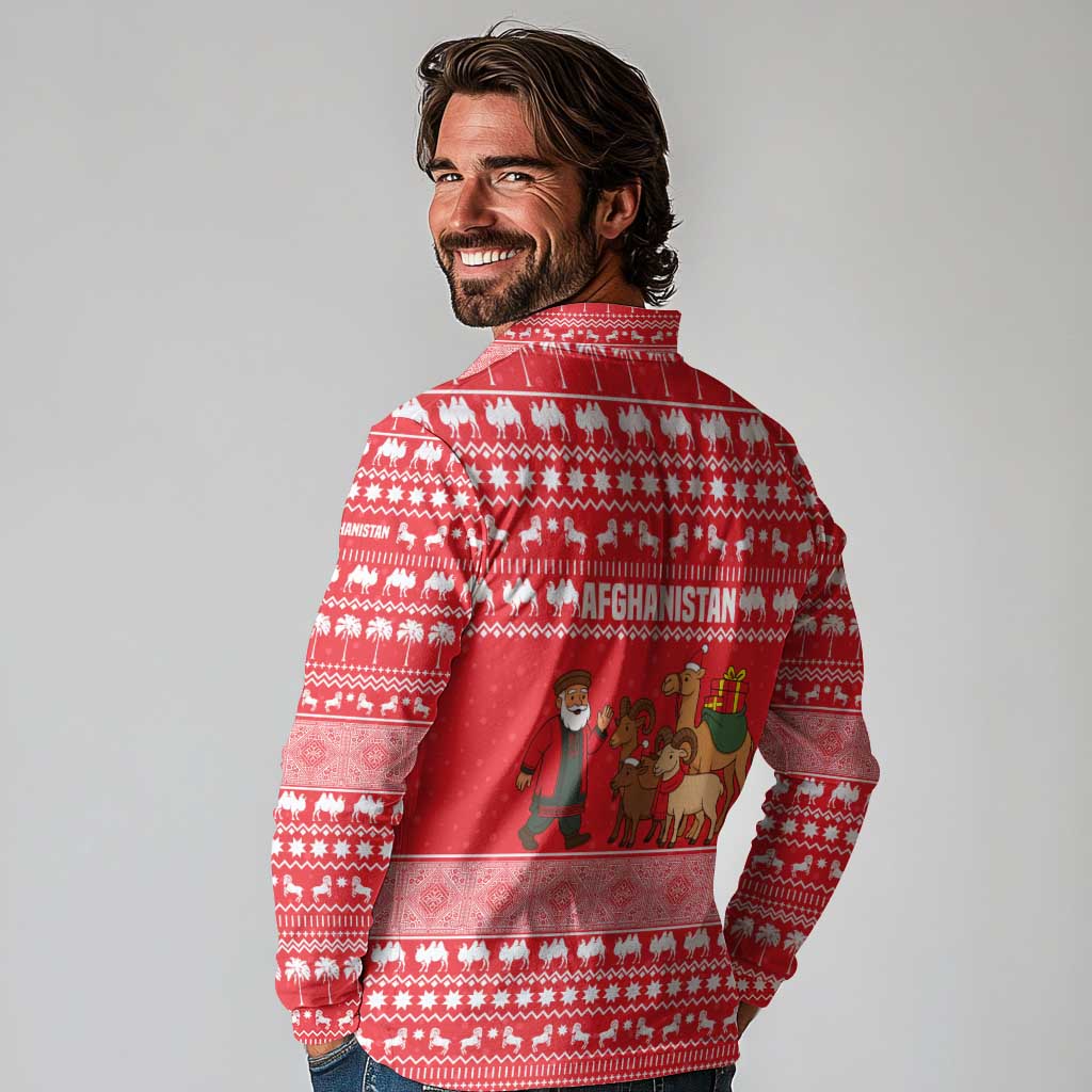 Afghanistan Christmas Long Sleeve Polo Shirt with Santa Camels Sheep Traditional Pattern and Festive Design - Wonder Print Shop