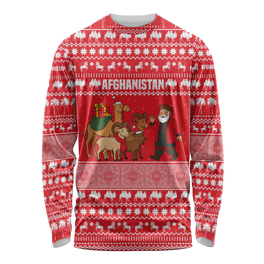 Afghanistan Christmas Long Sleeve Shirt with Santa Camels Sheep Traditional Pattern and Festive Design - Wonder Print Shop