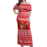 Afghanistan Christmas Off Shoulder Maxi Dress with Santa Camels Sheep Traditional Pattern and Festive Design - Wonder Print Shop