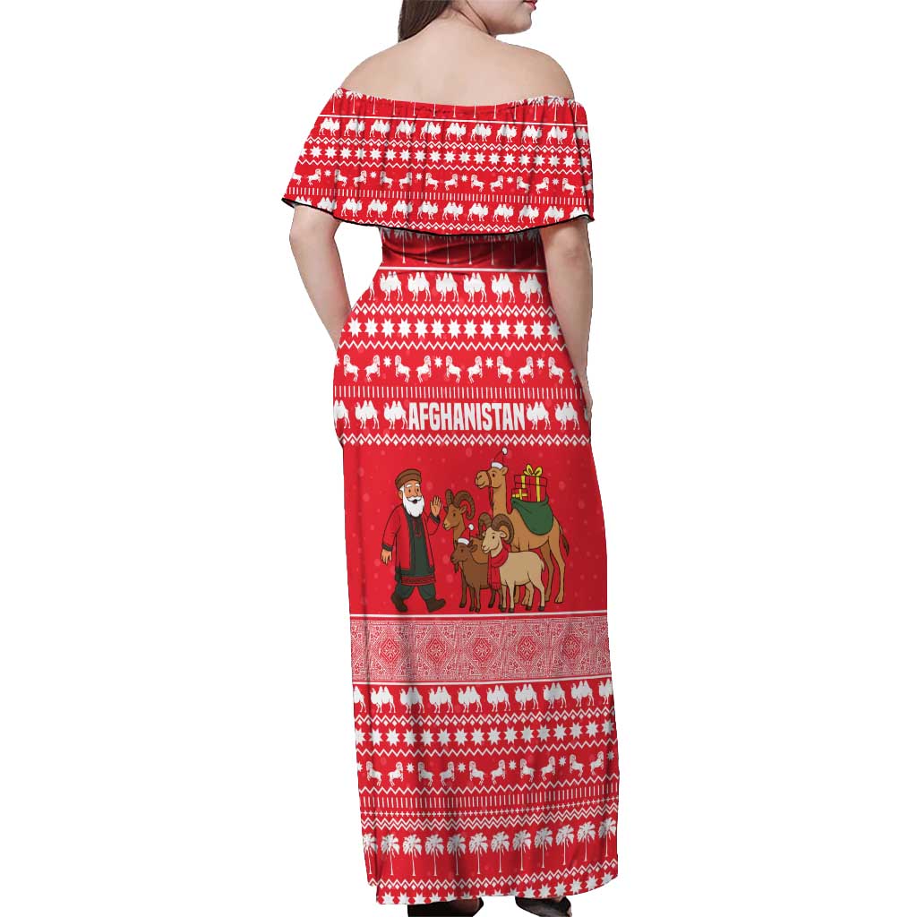 Afghanistan Christmas Off Shoulder Maxi Dress with Santa Camels Sheep Traditional Pattern and Festive Design - Wonder Print Shop