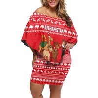 Afghanistan Christmas Off Shoulder Short Dress with Santa Camels Sheep Traditional Pattern and Festive Design - Wonder Print Shop