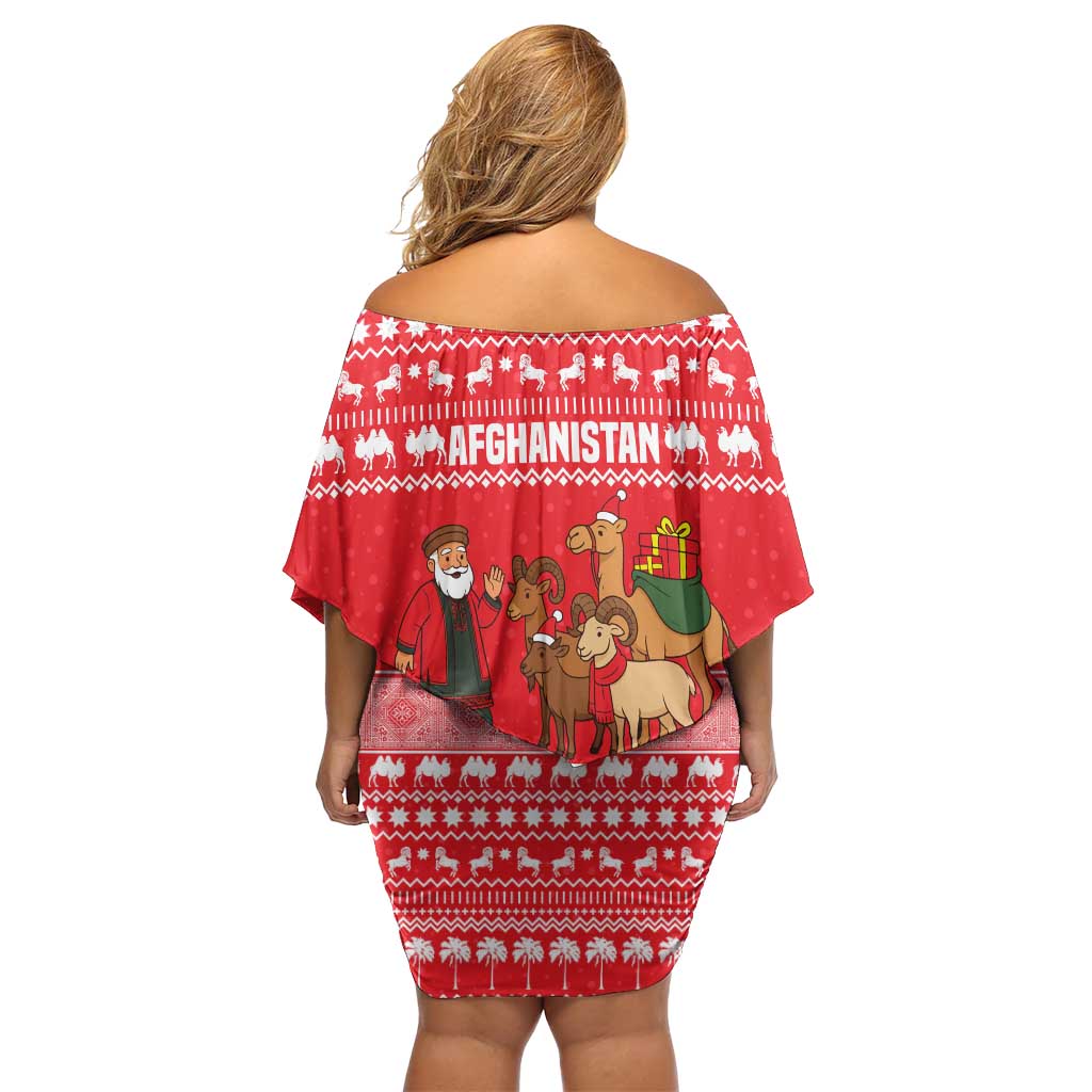 Afghanistan Christmas Off Shoulder Short Dress with Santa Camels Sheep Traditional Pattern and Festive Design - Wonder Print Shop