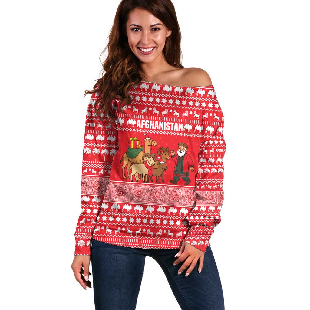 Afghanistan Christmas Off Shoulder Sweater with Santa Camels Sheep Traditional Pattern and Festive Design - Wonder Print Shop