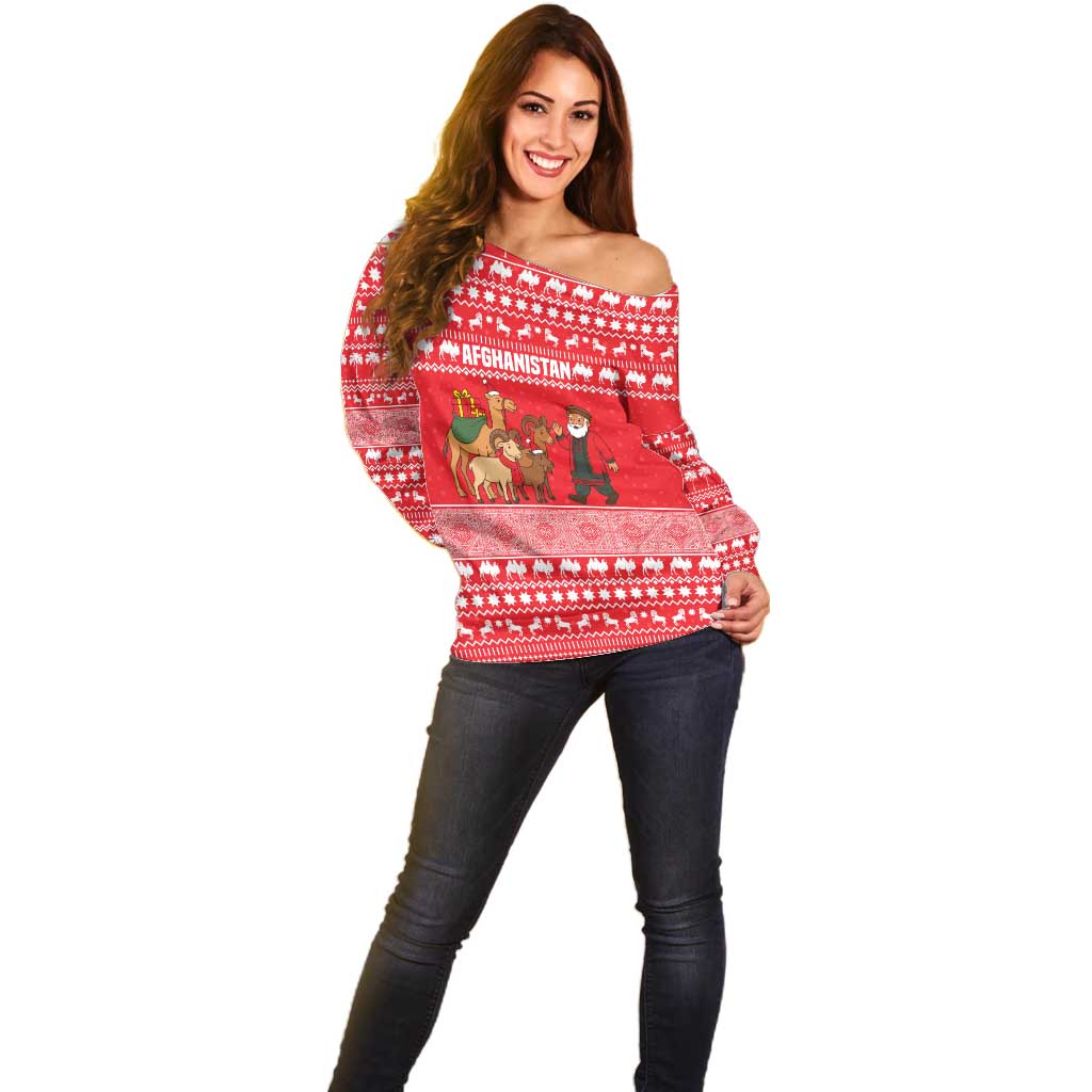 Afghanistan Christmas Off Shoulder Sweater with Santa Camels Sheep Traditional Pattern and Festive Design - Wonder Print Shop