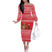 Afghanistan Christmas Off The Shoulder Long Sleeve Dress with Santa Camels Sheep Traditional Pattern and Festive Design - Wonder Print Shop