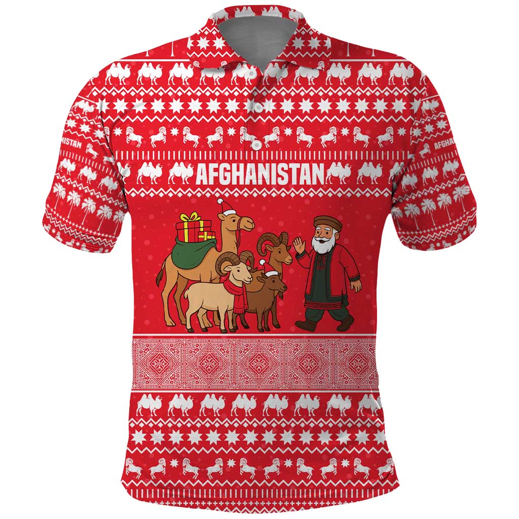 Afghanistan Christmas Polo Shirt with Santa Camels Sheep Traditional Pattern and Festive Design - Wonder Print Shop