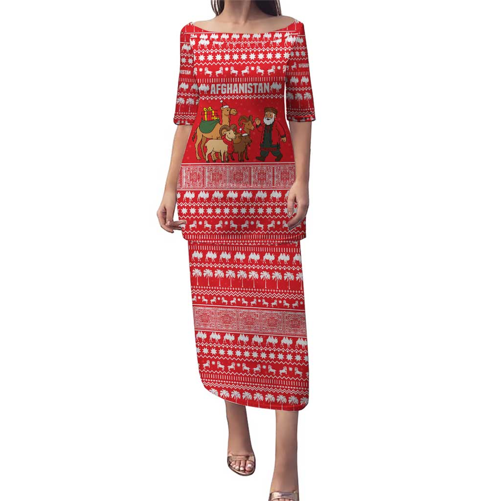 Afghanistan Christmas Puletasi with Santa Camels Sheep Traditional Pattern and Festive Design - Wonder Print Shop