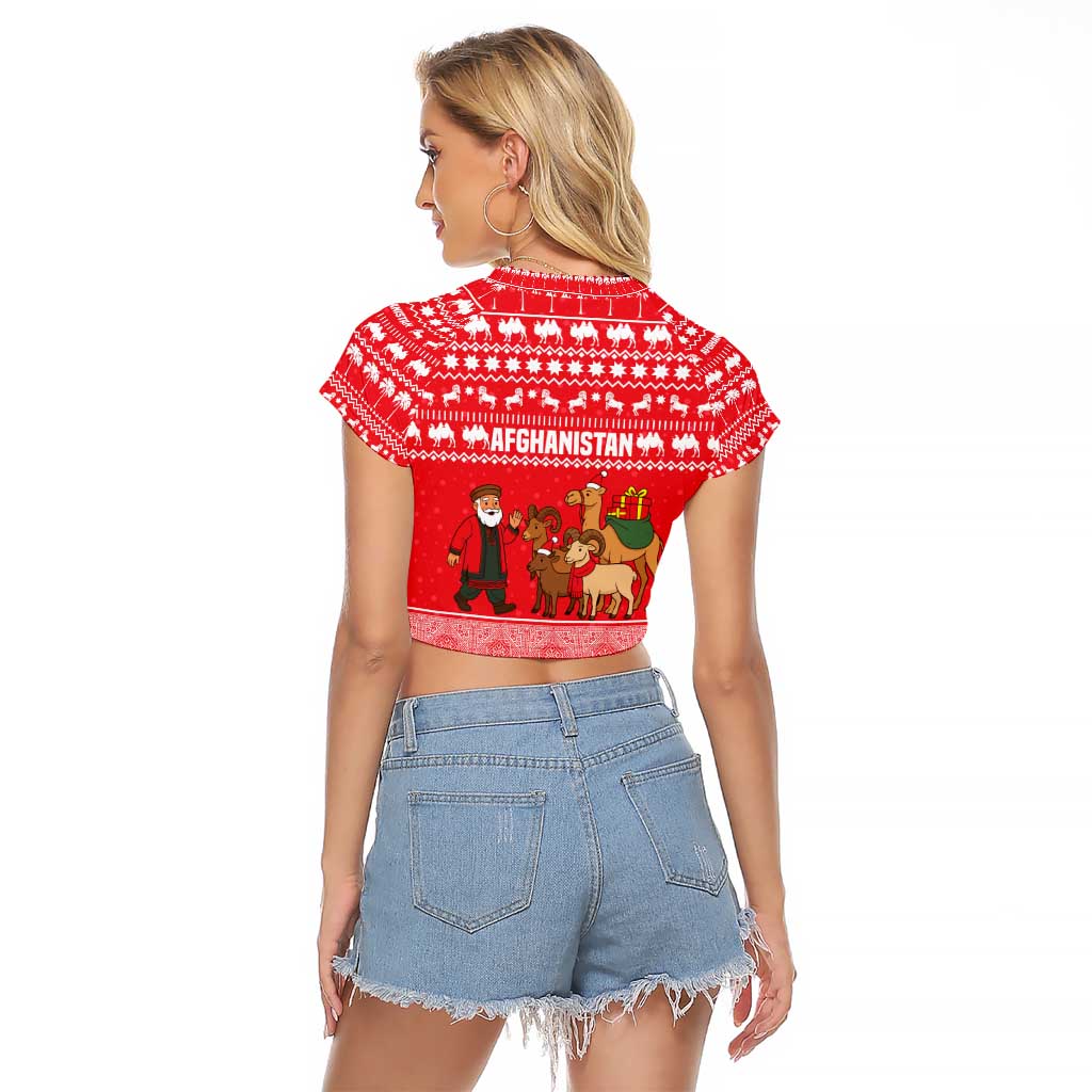 Afghanistan Christmas Raglan Cropped T Shirt with Santa Camels Sheep Traditional Pattern and Festive Design - Wonder Print Shop