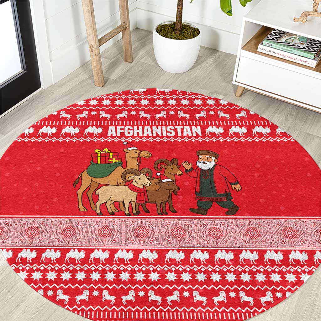Afghanistan Christmas Round Carpet with Santa Camels Sheep Traditional Pattern and Festive Design - Wonder Print Shop