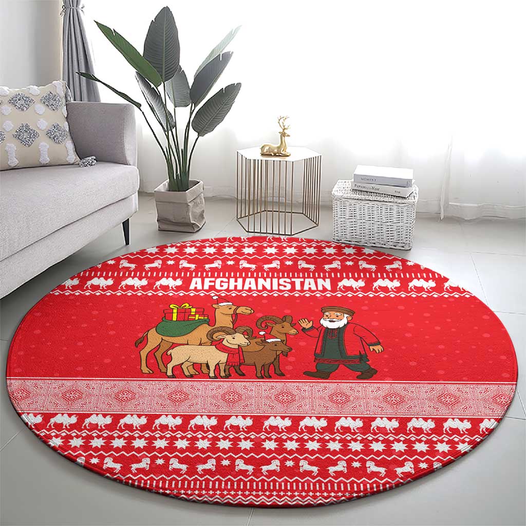 Afghanistan Christmas Round Carpet with Santa Camels Sheep Traditional Pattern and Festive Design - Wonder Print Shop