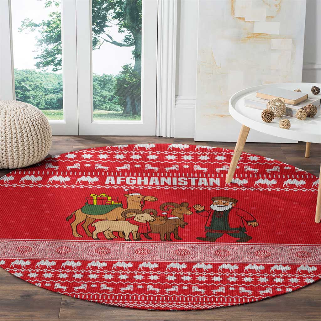Afghanistan Christmas Round Carpet with Santa Camels Sheep Traditional Pattern and Festive Design - Wonder Print Shop