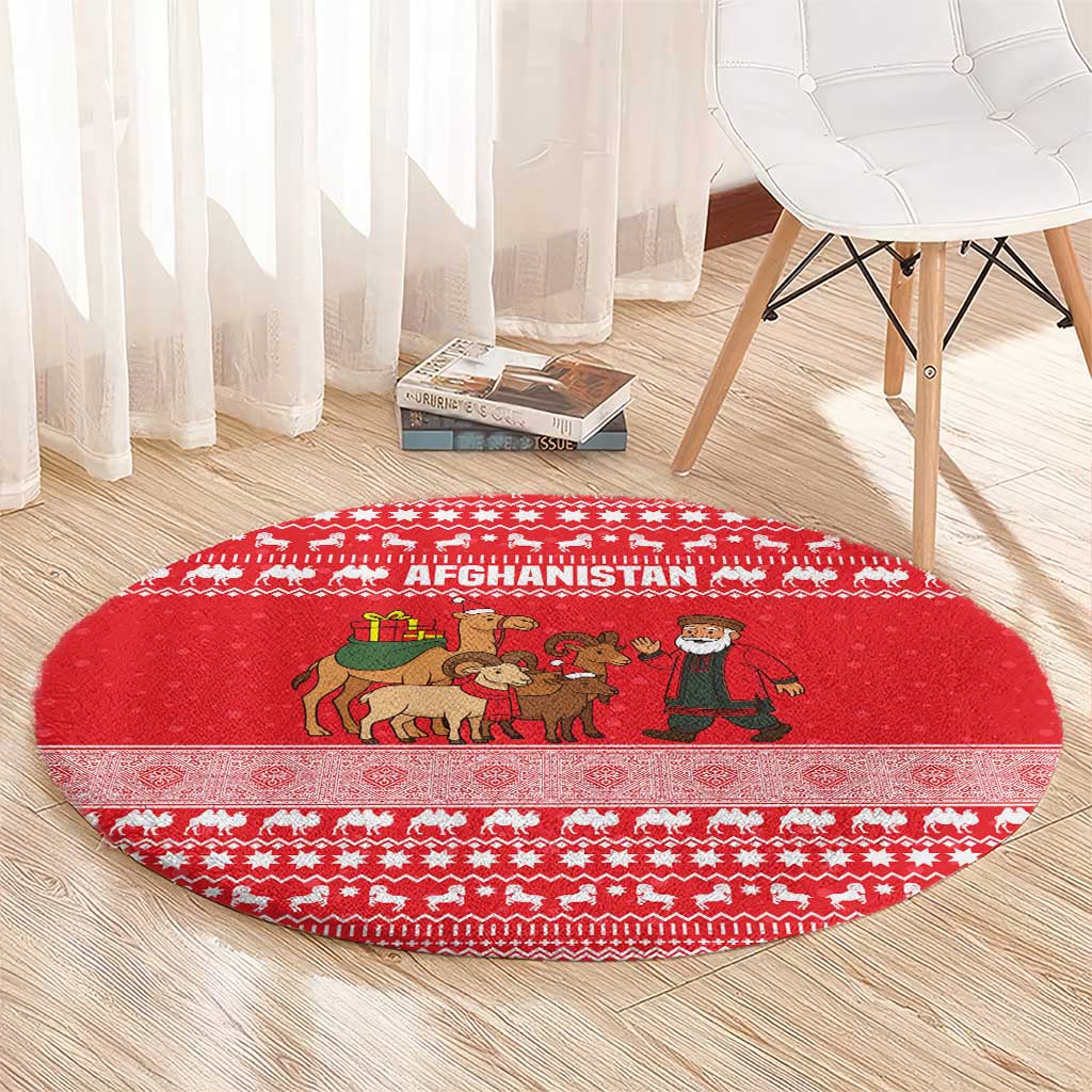 Afghanistan Christmas Round Carpet with Santa Camels Sheep Traditional Pattern and Festive Design - Wonder Print Shop
