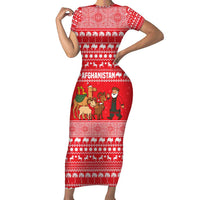 Afghanistan Christmas Short Sleeve Bodycon Dress with Santa Camels Sheep Traditional Pattern and Festive Design - Wonder Print Shop