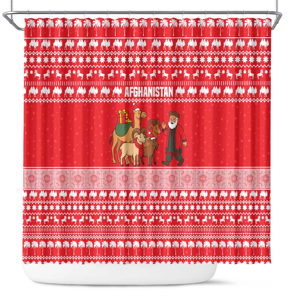 Afghanistan Christmas Shower Curtain with Santa Camels Sheep Traditional Pattern and Festive Design - Wonder Print Shop