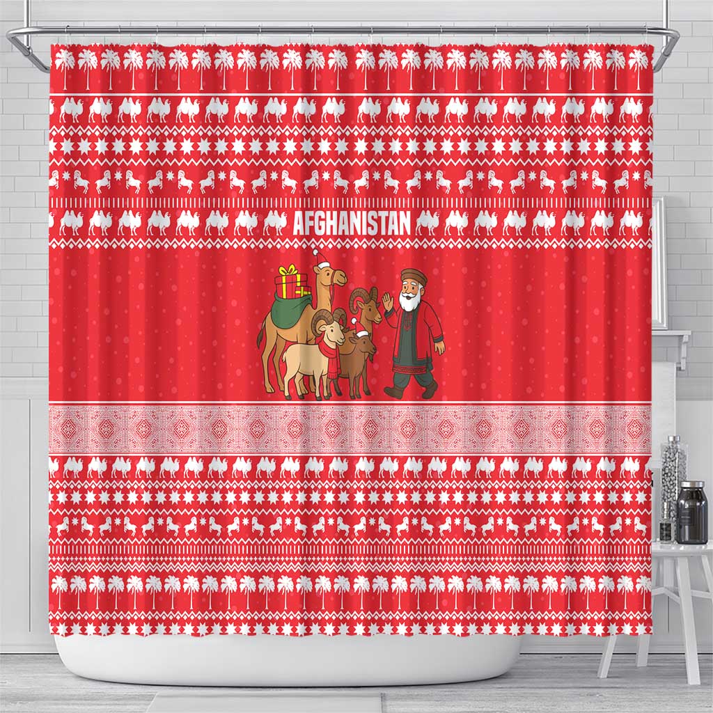 Afghanistan Christmas Shower Curtain with Santa Camels Sheep Traditional Pattern and Festive Design - Wonder Print Shop