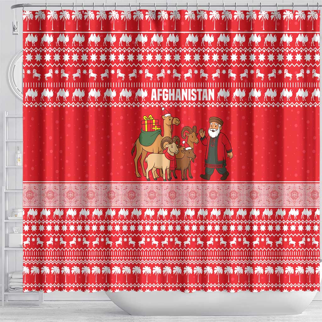 Afghanistan Christmas Shower Curtain with Santa Camels Sheep Traditional Pattern and Festive Design - Wonder Print Shop