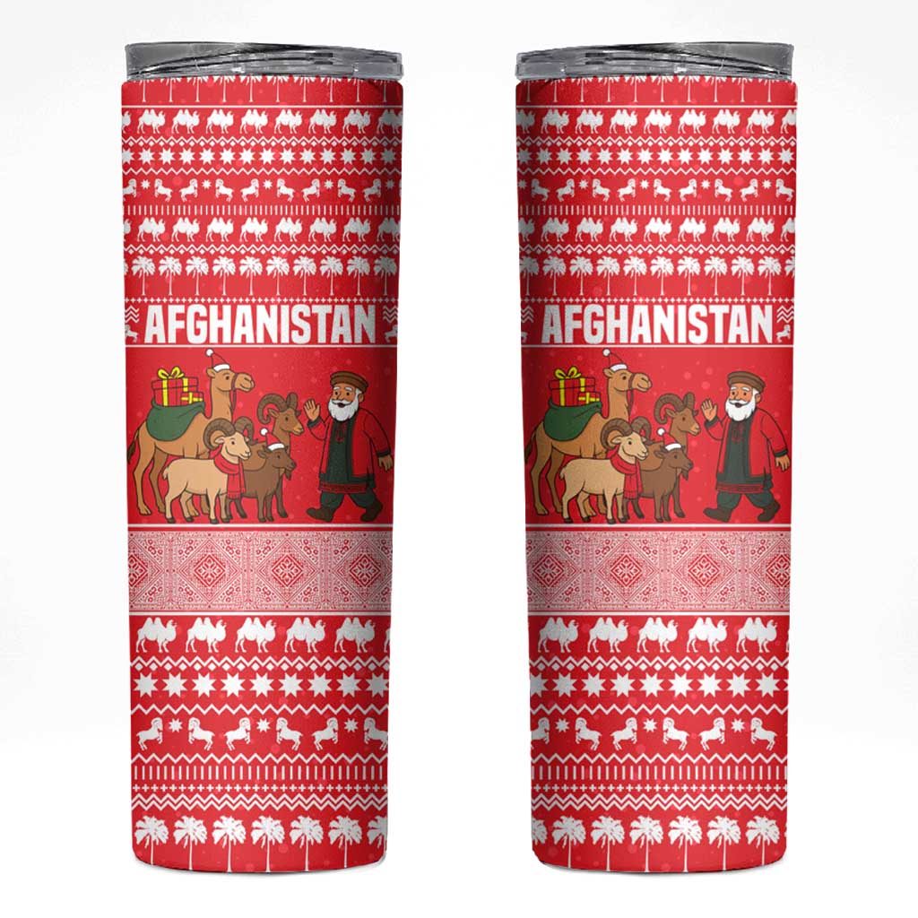 Afghanistan Christmas Skinny Tumbler with Santa Camels Sheep Traditional Pattern and Festive Design - Wonder Print Shop