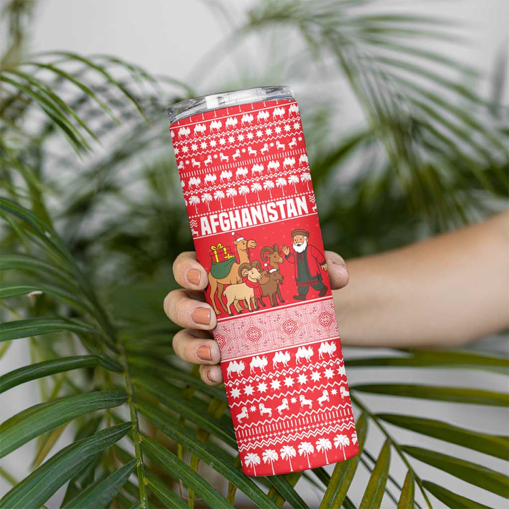 Afghanistan Christmas Skinny Tumbler with Santa Camels Sheep Traditional Pattern and Festive Design - Wonder Print Shop