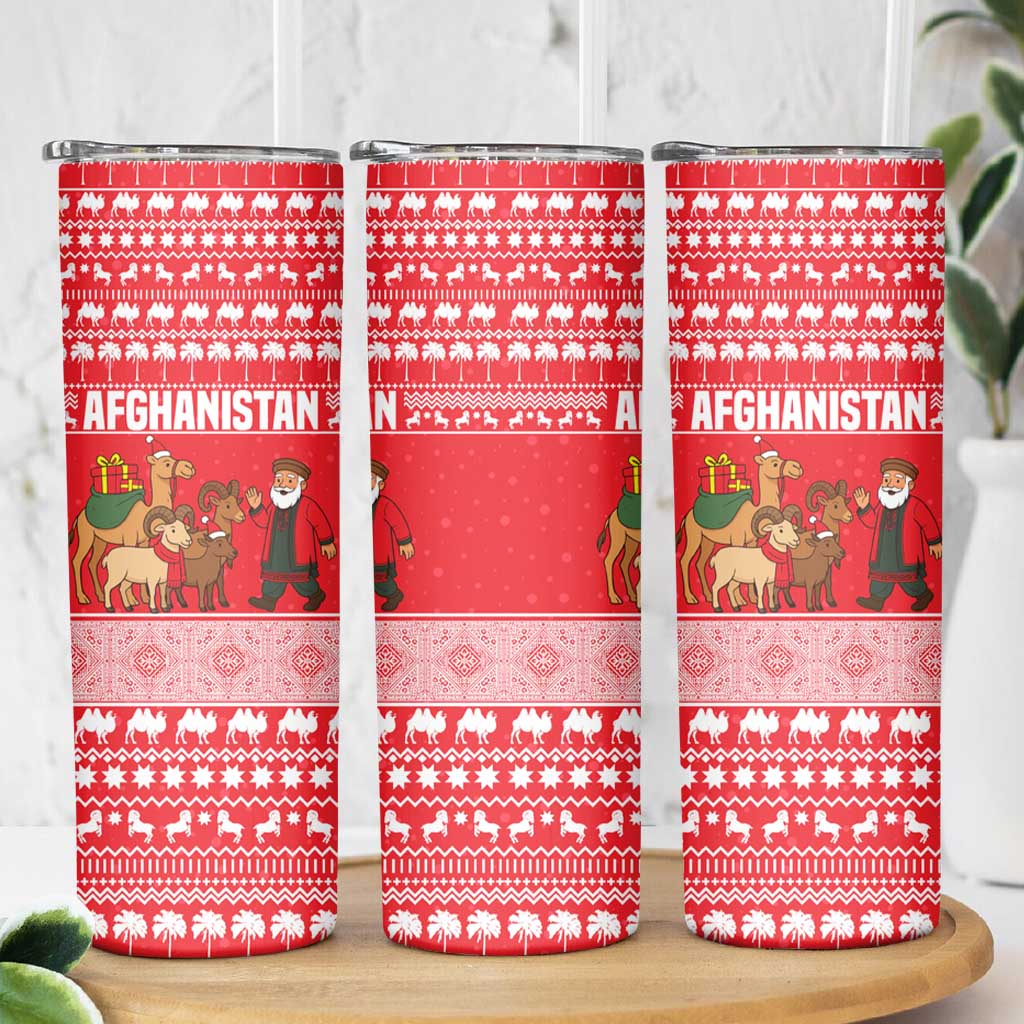 Afghanistan Christmas Skinny Tumbler with Santa Camels Sheep Traditional Pattern and Festive Design - Wonder Print Shop