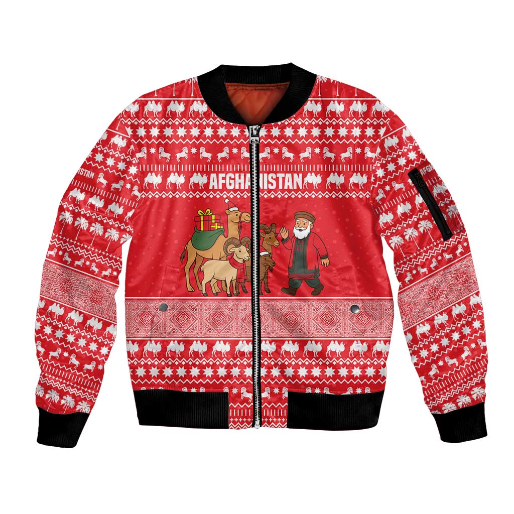 Afghanistan Christmas Sleeve Zip Bomber Jacket with Santa Camels Sheep Traditional Pattern and Festive Design - Wonder Print Shop