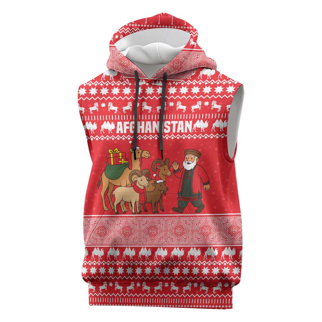 Afghanistan Christmas Sleeveless Hoodie with Santa Camels Sheep Traditional Pattern and Festive Design - Wonder Print Shop