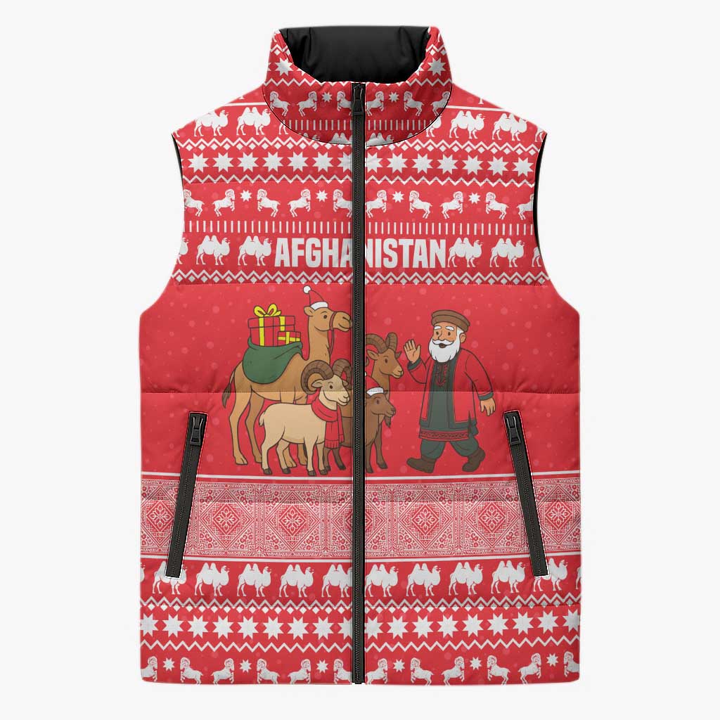 Afghanistan Christmas Sleeveless Puffer Jacket with Santa Camels Sheep Traditional Pattern and Festive Design - Wonder Print Shop