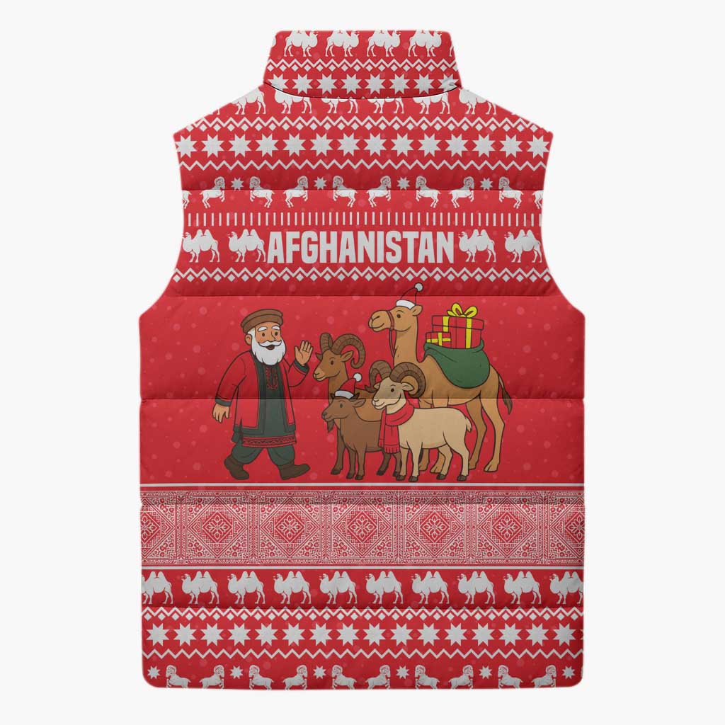 Afghanistan Christmas Sleeveless Puffer Jacket with Santa Camels Sheep Traditional Pattern and Festive Design - Wonder Print Shop