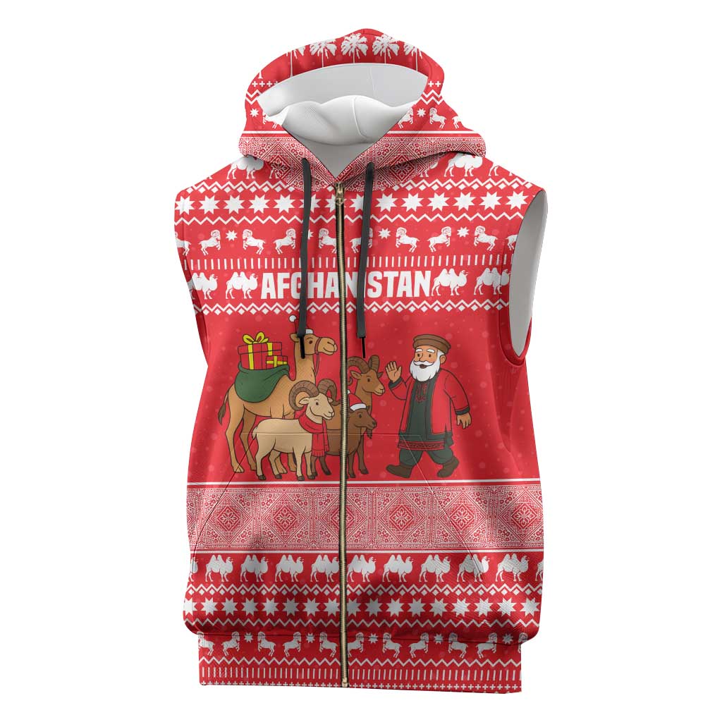 Afghanistan Christmas Sleeveless Zip Hoodie with Santa Camels Sheep Traditional Pattern and Festive Design - Wonder Print Shop