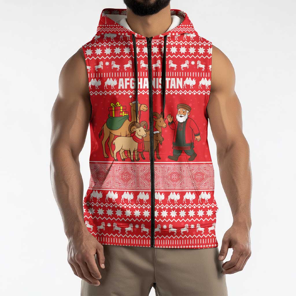 Afghanistan Christmas Sleeveless Zip Hoodie with Santa Camels Sheep Traditional Pattern and Festive Design - Wonder Print Shop