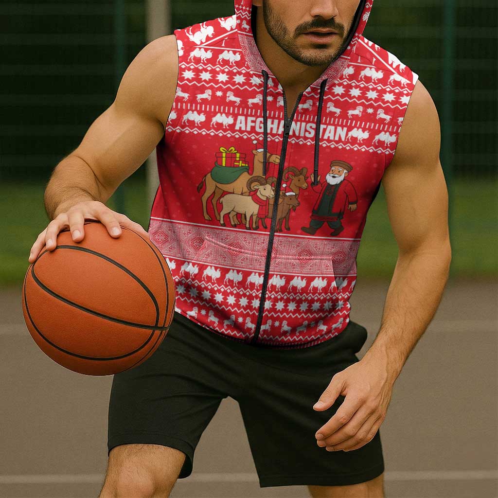 Afghanistan Christmas Sleeveless Zip Hoodie with Santa Camels Sheep Traditional Pattern and Festive Design - Wonder Print Shop