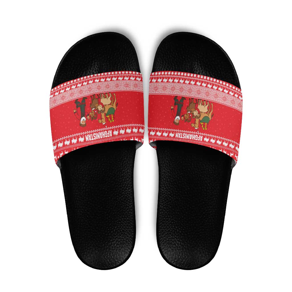 Afghanistan Christmas Slide Sandals with Santa Camels Sheep Traditional Pattern and Festive Design - Wonder Print Shop