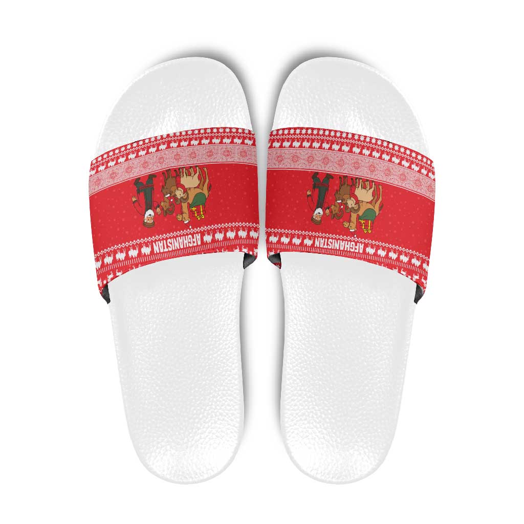 Afghanistan Christmas Slide Sandals with Santa Camels Sheep Traditional Pattern and Festive Design - Wonder Print Shop