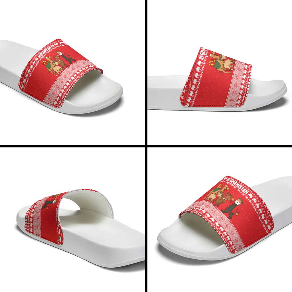 Afghanistan Christmas Slide Sandals with Santa Camels Sheep Traditional Pattern and Festive Design - Wonder Print Shop