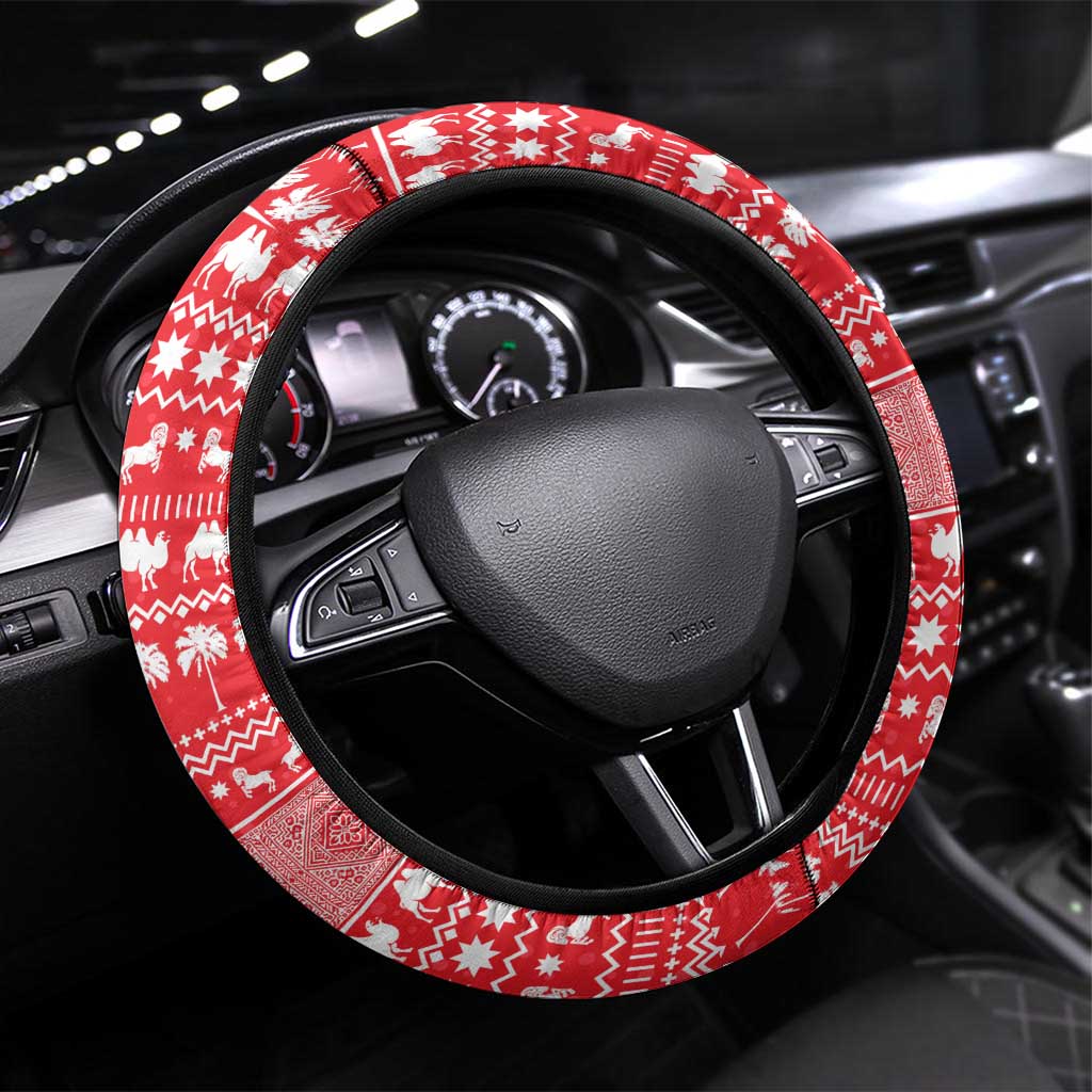Afghanistan Christmas Steering Wheel Cover with Santa Camels Sheep Traditional Pattern and Festive Design - Wonder Print Shop