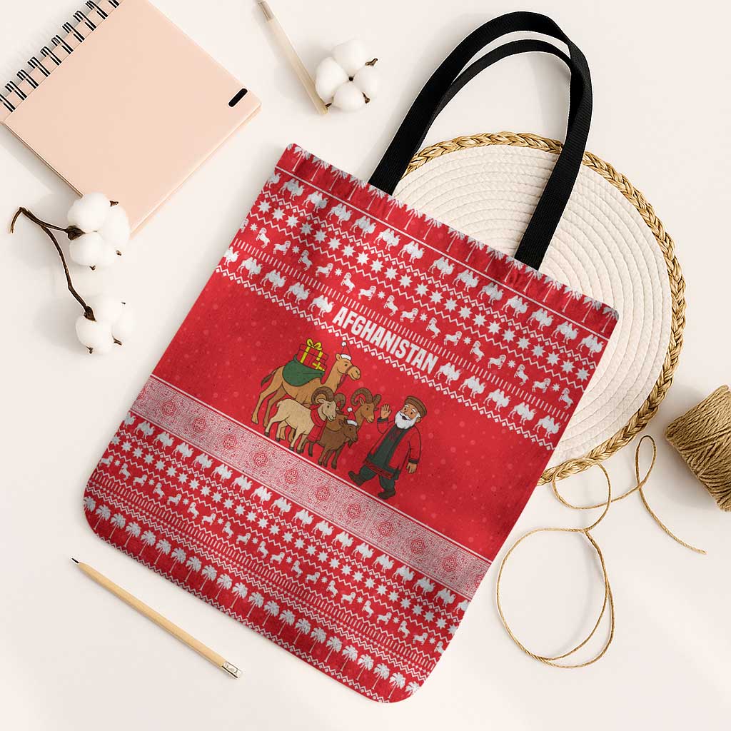 Afghanistan Christmas Tote Bag with Santa Camels Sheep Traditional Pattern and Festive Design - Wonder Print Shop