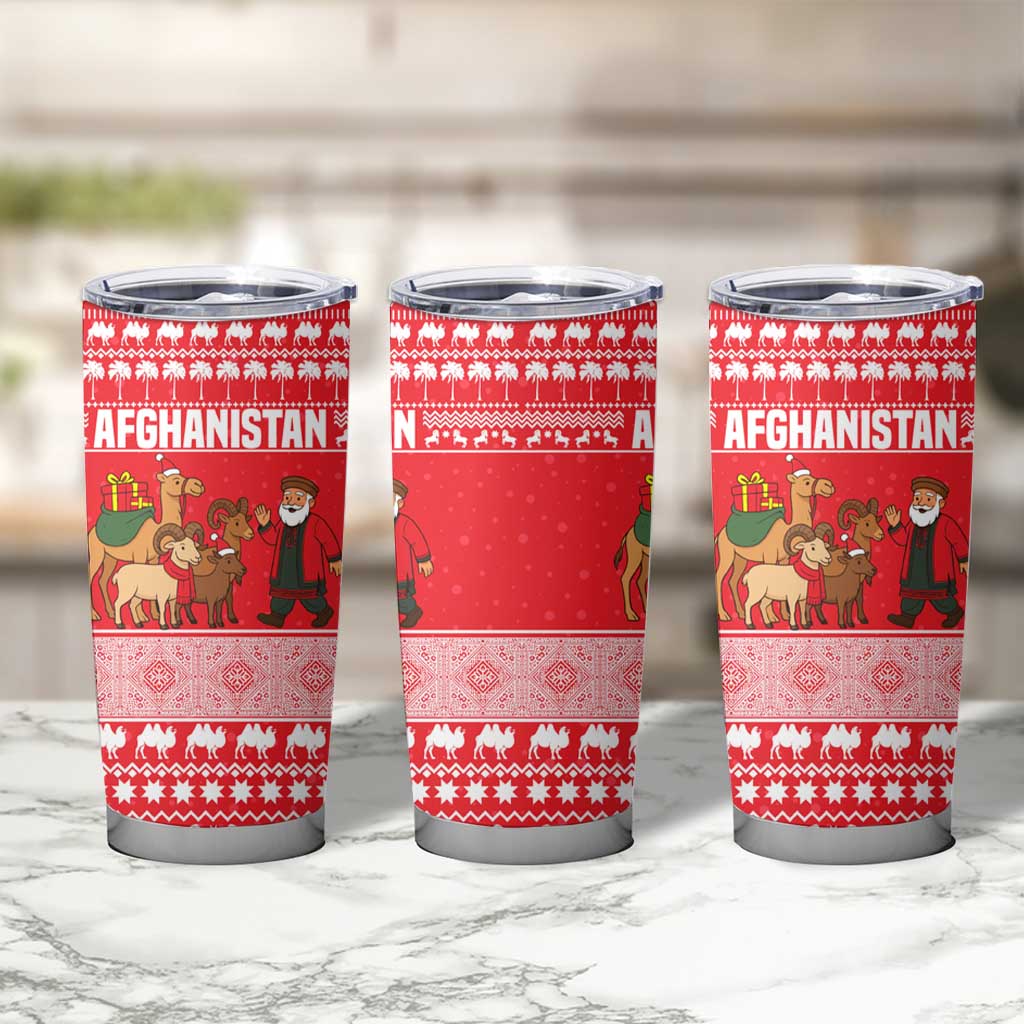 Afghanistan Christmas Tumbler Cup with Santa Camels Sheep Traditional Pattern and Festive Design - Wonder Print Shop