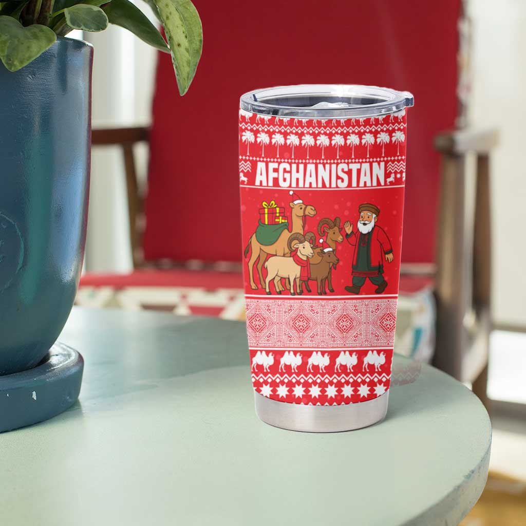Afghanistan Christmas Tumbler Cup with Santa Camels Sheep Traditional Pattern and Festive Design - Wonder Print Shop