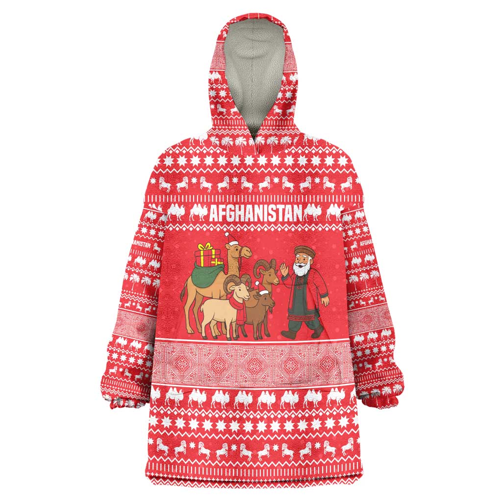 Afghanistan Christmas Wearable Blanket Hoodie with Santa Camels Sheep Traditional Pattern and Festive Design - Wonder Print Shop
