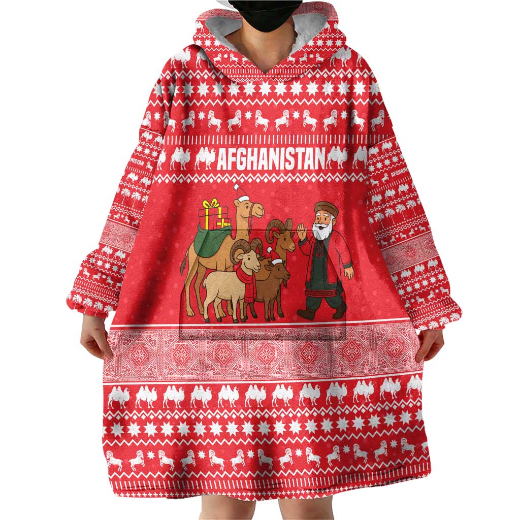 Afghanistan Christmas Wearable Blanket Hoodie with Santa Camels Sheep Traditional Pattern and Festive Design - Wonder Print Shop