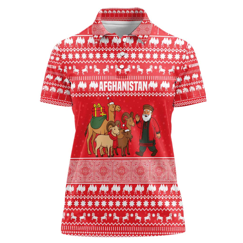 Afghanistan Christmas Women Polo Shirt with Santa Camels Sheep Traditional Pattern and Festive Design - Wonder Print Shop