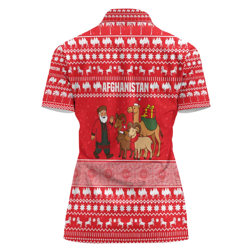 Afghanistan Christmas Women Polo Shirt with Santa Camels Sheep Traditional Pattern and Festive Design - Wonder Print Shop