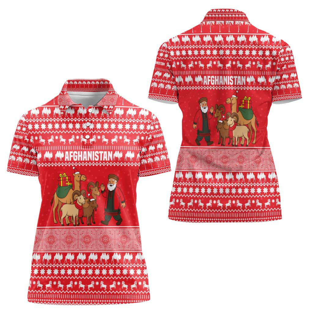 Afghanistan Christmas Women Polo Shirt with Santa Camels Sheep Traditional Pattern and Festive Design - Wonder Print Shop