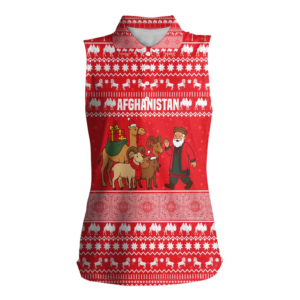 Afghanistan Christmas Women Sleeveless Polo Shirt with Santa Camels Sheep Traditional Pattern and Festive Design - Wonder Print Shop