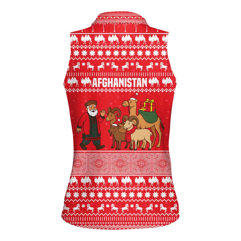 Afghanistan Christmas Women Sleeveless Polo Shirt with Santa Camels Sheep Traditional Pattern and Festive Design - Wonder Print Shop