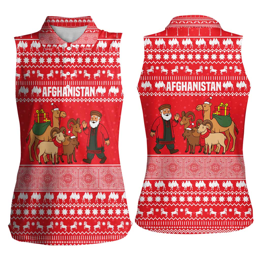 Afghanistan Christmas Women Sleeveless Polo Shirt with Santa Camels Sheep Traditional Pattern and Festive Design - Wonder Print Shop