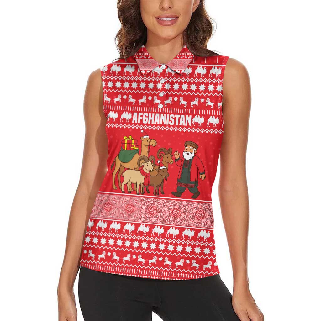 Afghanistan Christmas Women Sleeveless Polo Shirt with Santa Camels Sheep Traditional Pattern and Festive Design - Wonder Print Shop