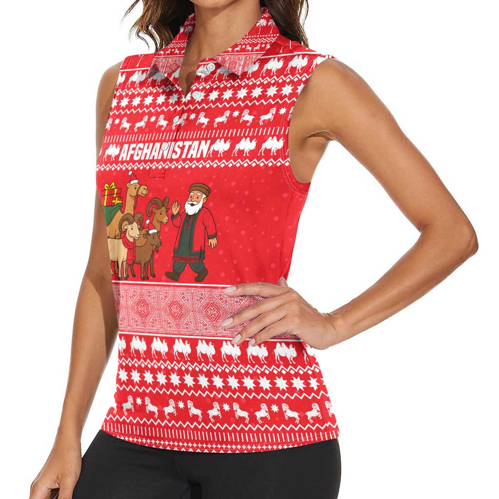 Afghanistan Christmas Women Sleeveless Polo Shirt with Santa Camels Sheep Traditional Pattern and Festive Design - Wonder Print Shop